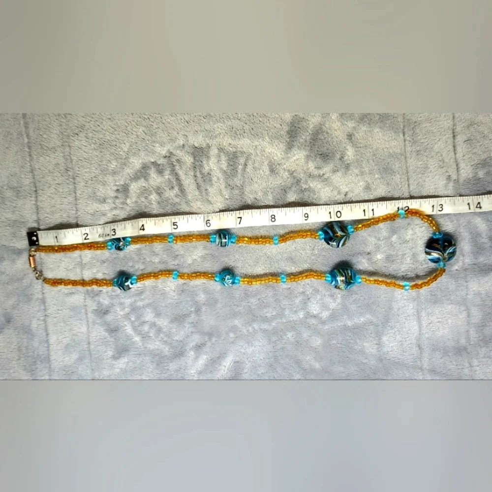 Blue and Gold Glass Beaded Necklace - Picture 2 of 5